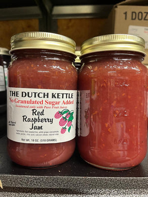 Dutch Kettle No Sugar Added All-Natural Homestyle Red Raspberry Jam 18 oz Jar.